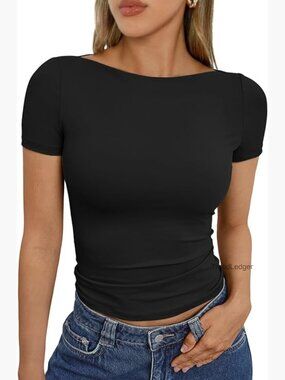 Fitted Boat Neck T-Shirt, Compression Polyester Blend, Y2K Crop Top